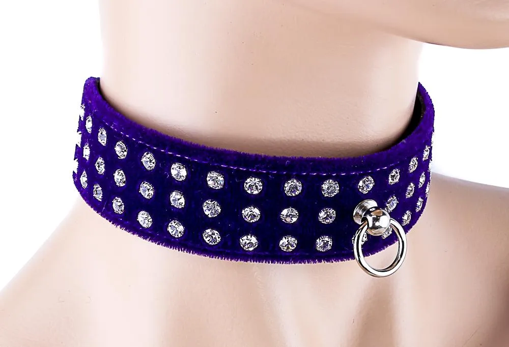 Velvet Choker With Three Rows Rhinestones And O Ring
