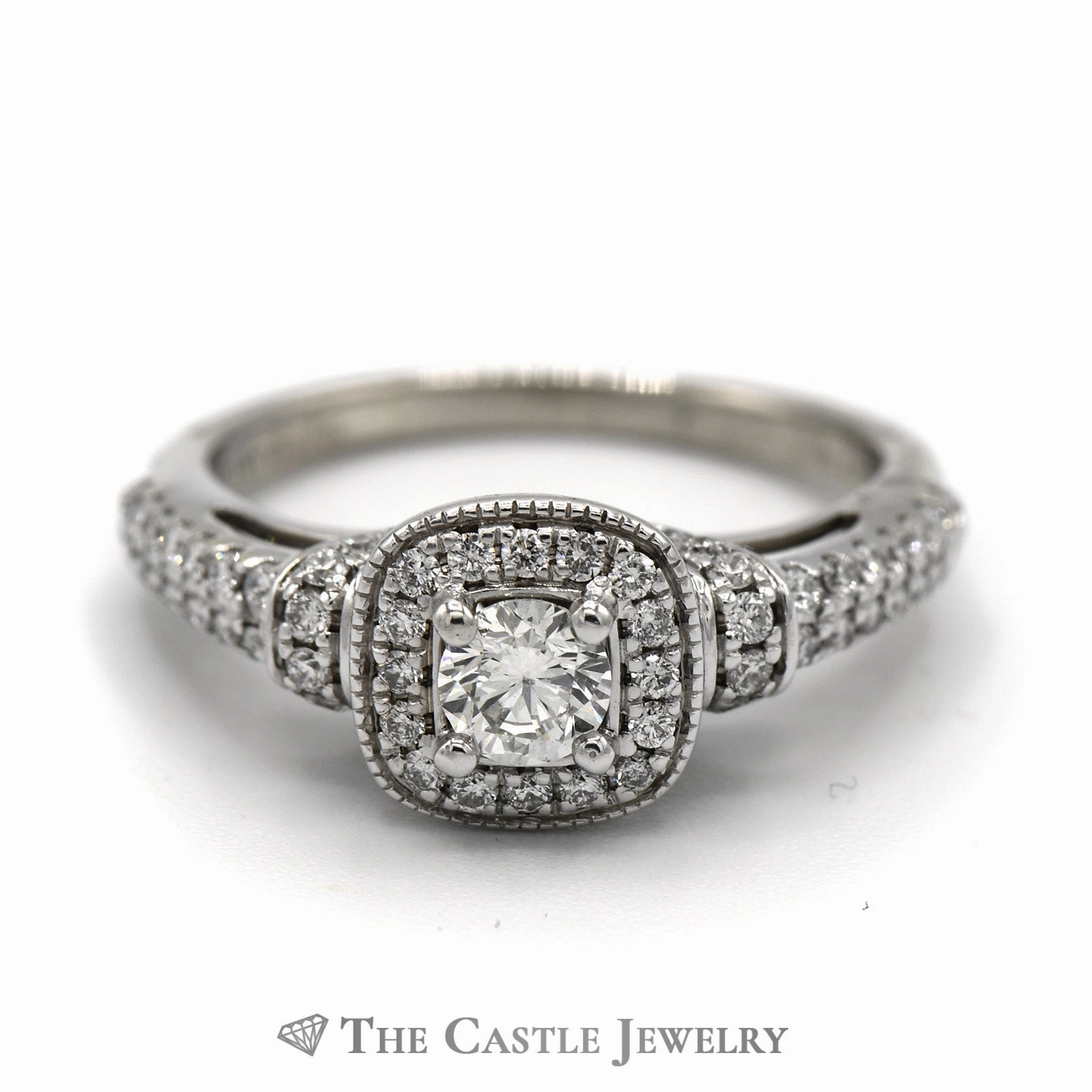 Creative Style Ensemble Collection Vera Wang "Wish" Round Diamond Engagement Ring with Diamond Halo and Accents in 14k White Gold