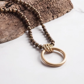 Long Wooden Bead Necklace with gold circle ring - Brown Fashionable Ornament Amazing Jewelry
