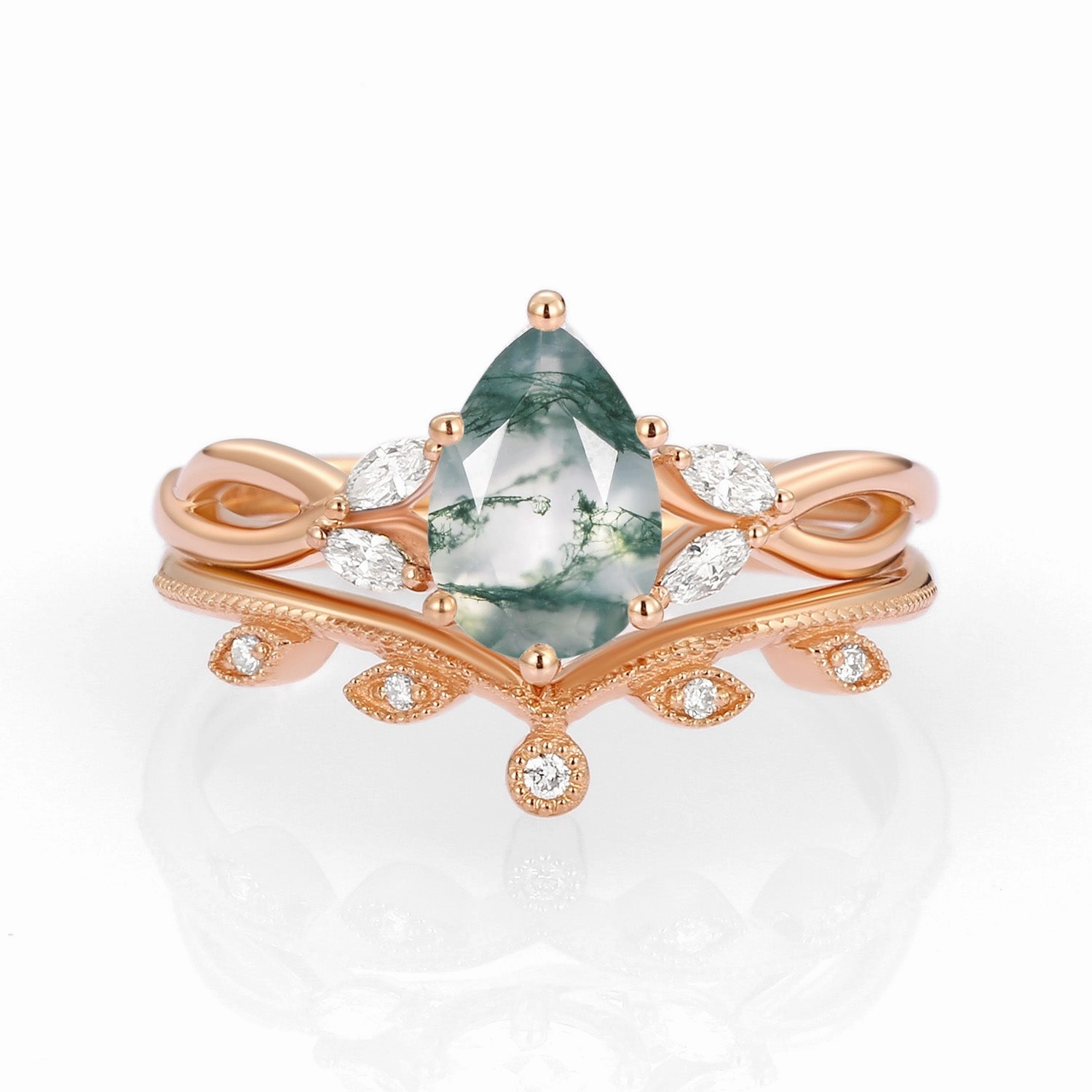 Sleek Shape Daily Essential Pear Shaped Moss Agate Bridal Ring Set 2pcs - Autumn