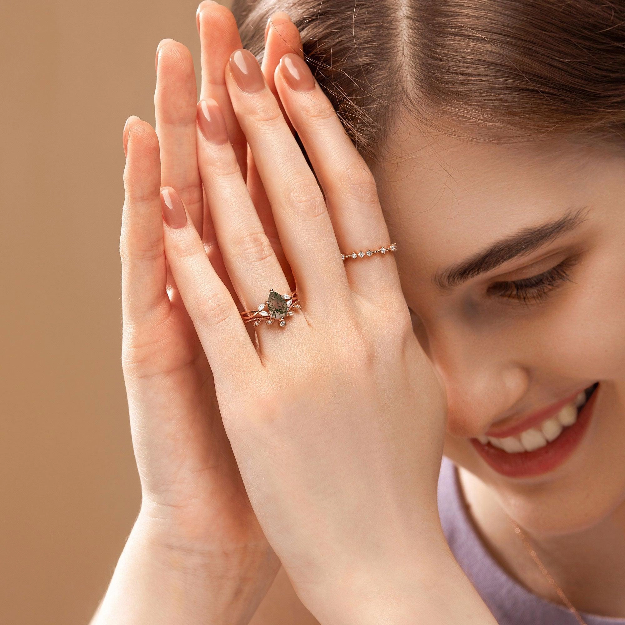 Pear Shaped Moss Agate Bridal Ring Set 2pcs - Autumn Light Touch