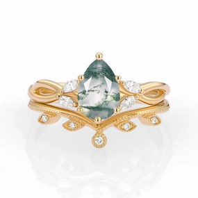 Bright Detail Pear Shaped Moss Agate Bridal Ring Set 2pcs - Autumn