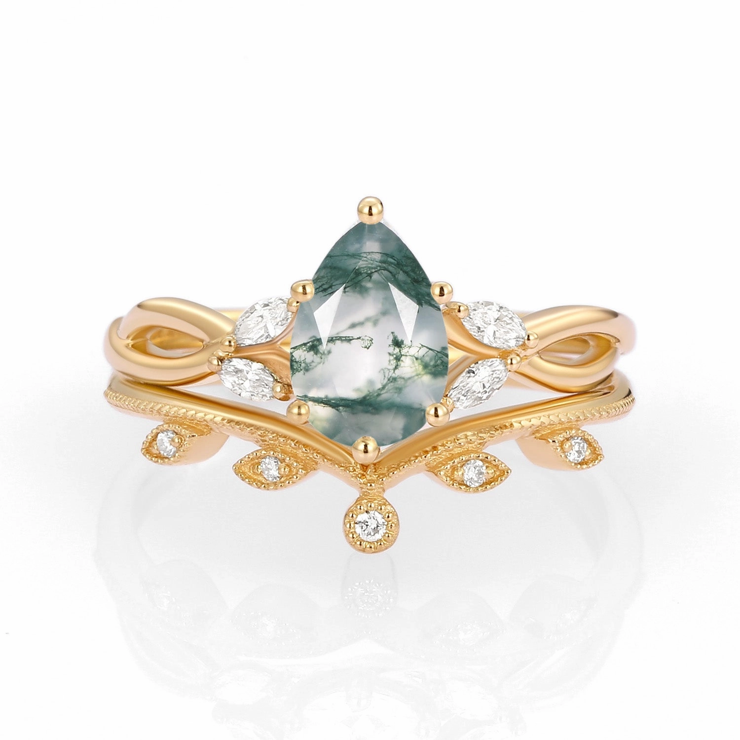 Bright Detail Pear Shaped Moss Agate Bridal Ring Set 2pcs - Autumn