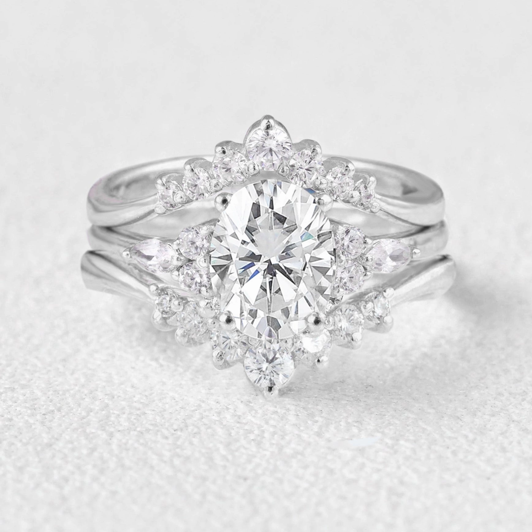 2.0ct Oval Moissanite Pave Cluster Ring Set 3pcs Timeless Pair