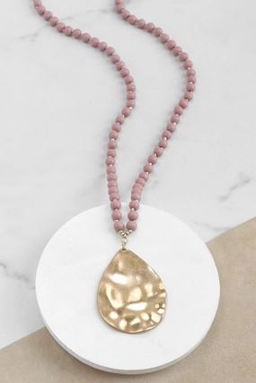 Long Wooden Bead Necklace with gold teardrop - Pink Simple Accent Student Life