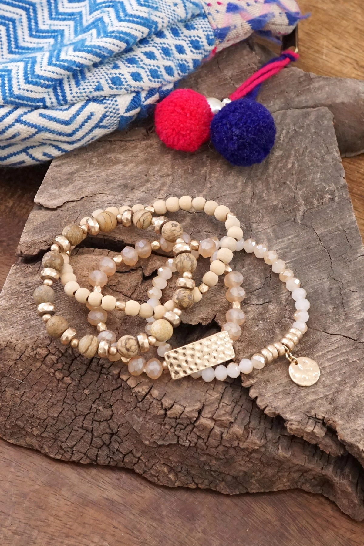 Beaded Bracelets stack of 4 piece with Natural Wood and Semi Precious bead stones glass golden coin Five Star Advantageous Blends
