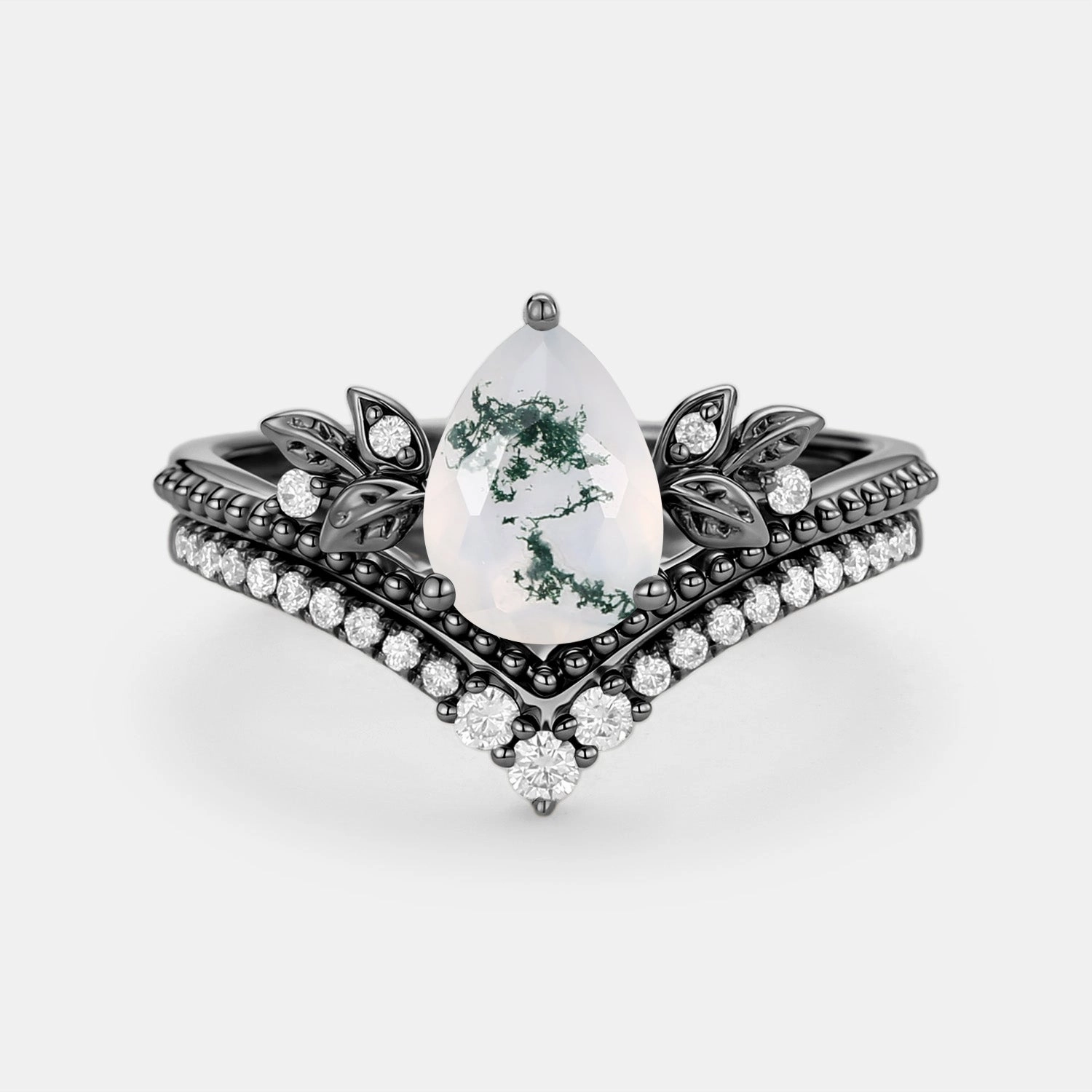 Easy Match Pear Cut Moss Agate Leafy Ring Set 2pcs - Aureolin