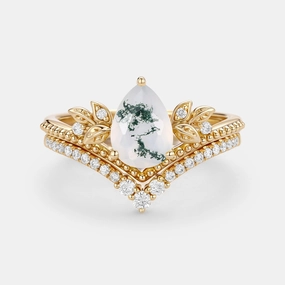 Simple Elegance Tasteful Accent Pear Cut Moss Agate Leafy Ring Set 2pcs - Aureolin