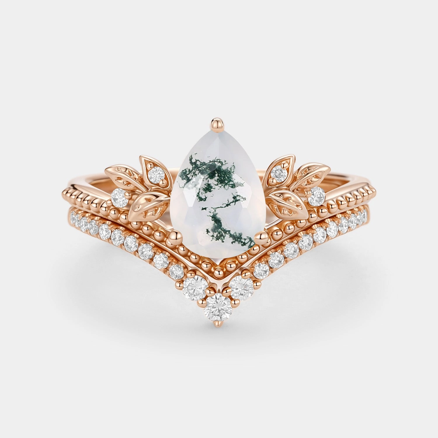 Pear Cut Moss Agate Leafy Ring Set 2pcs - Aureolin Holiday Outfit