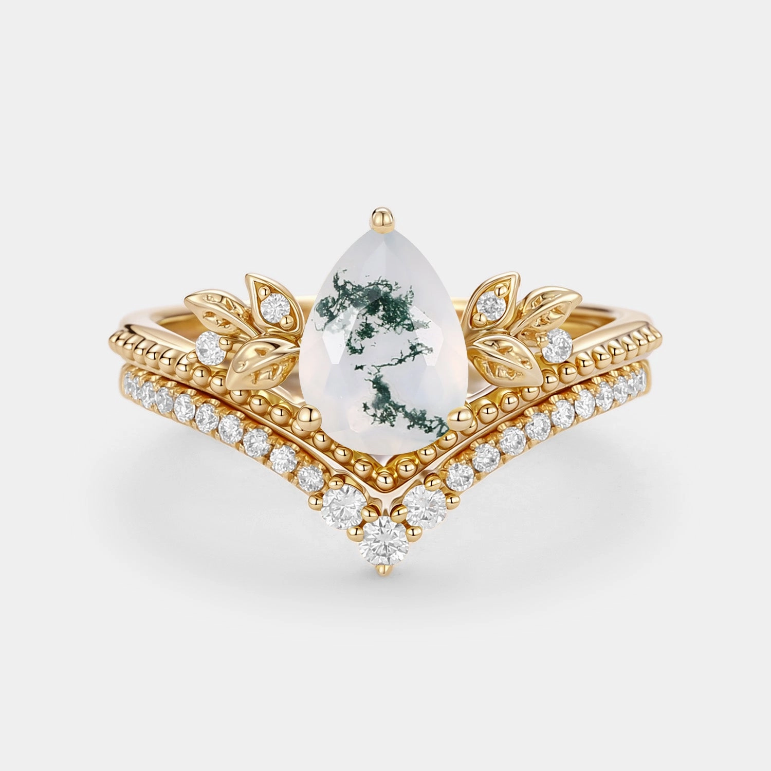 Simple Elegance Tasteful Accent Pear Cut Moss Agate Leafy Ring Set 2pcs - Aureolin