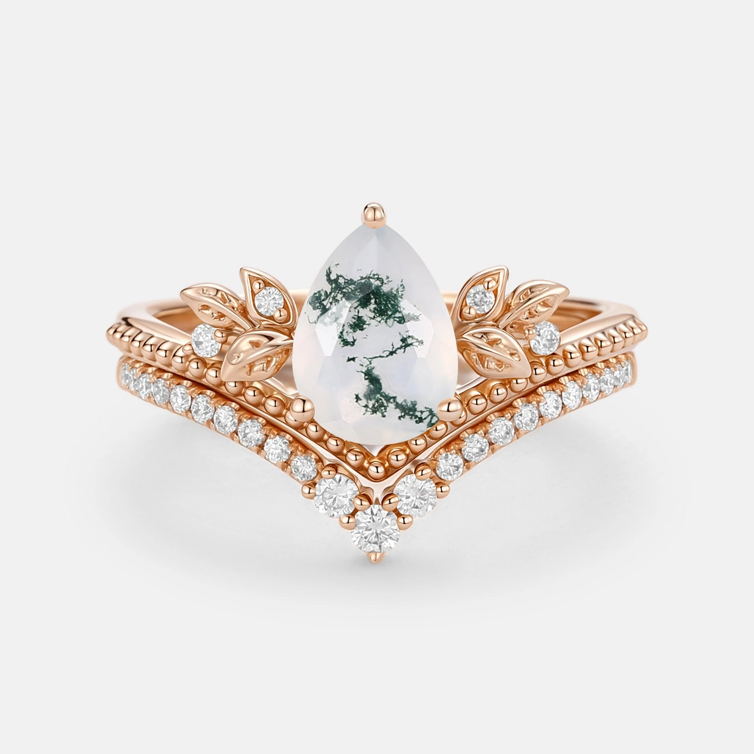 Pear Cut Moss Agate Leafy Ring Set 2pcs - Aureolin Polished Accent