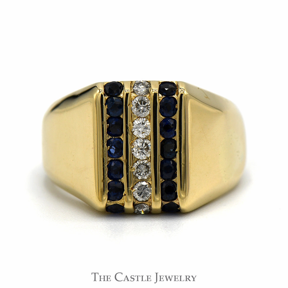 Vertically Set Sapphire & 1/4cttw Diamond Cluster Ring in 14k Yellow Gold Analog Style