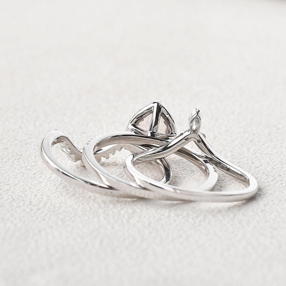 Pear Shaped Morganite Pearl-fect White Gold Halo Ring Set 3pcs Minimal Daywear Shiny Lines
