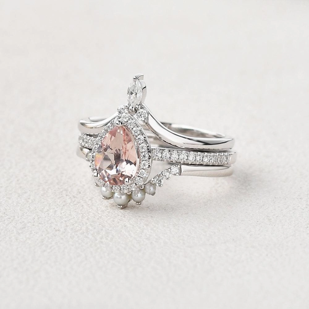 Pear Shaped Morganite Pearl-fect White Gold Halo Ring Set 3pcs Chic Appeal