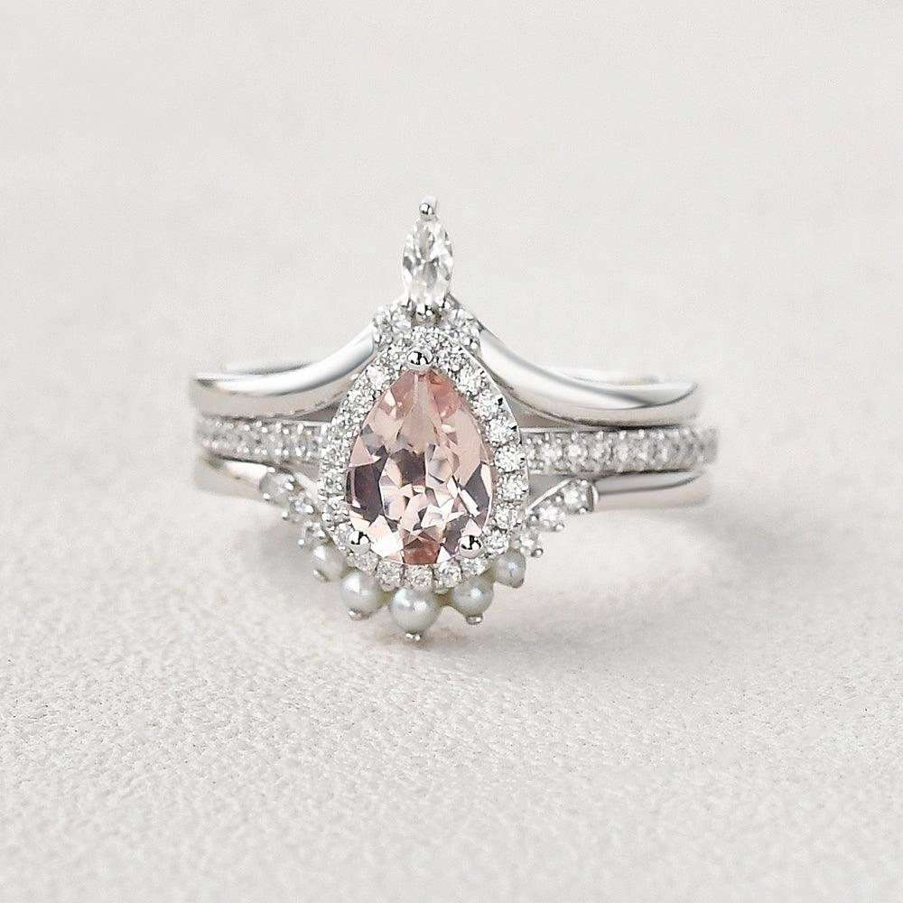 Subtle Grace Pear Shaped Morganite Pearl-fect White Gold Halo Ring Set 3pcs