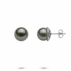 Tahitian Black Pearl Earrings in White Gold with Diamonds - 9-10mm Bright Glow Handcrafted Finish