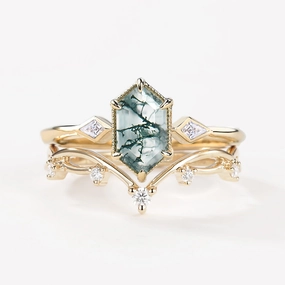 Vivid Sparkle Weekend Piece 1.5ct Hexagon Moss Agate Three Stone Kite Ring Set 2PCS