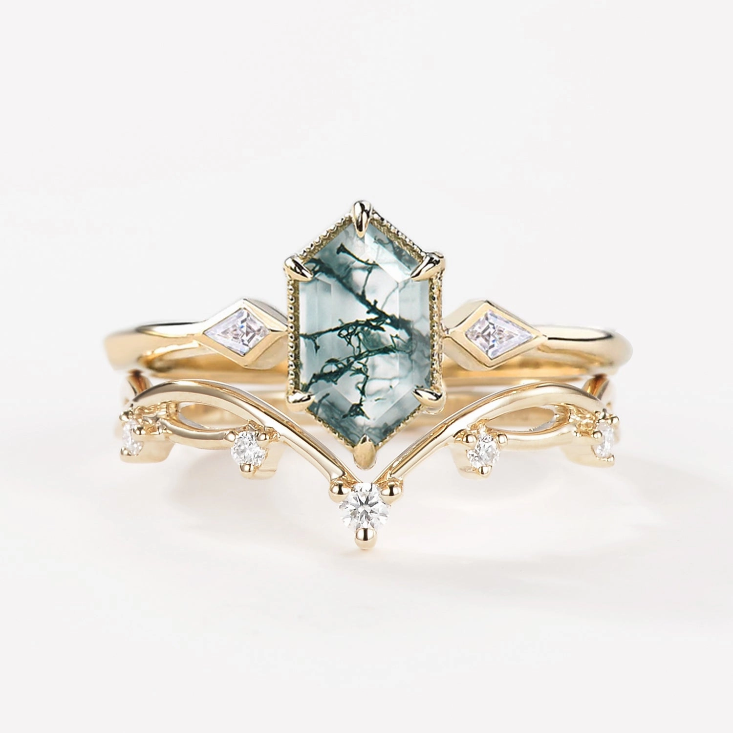 Vivid Sparkle Weekend Piece 1.5ct Hexagon Moss Agate Three Stone Kite Ring Set 2PCS