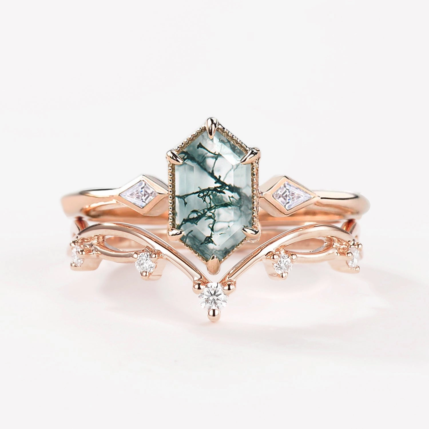 Glowing Feature Simple Detail 1.5ct Hexagon Moss Agate Three Stone Kite Ring Set 2PCS