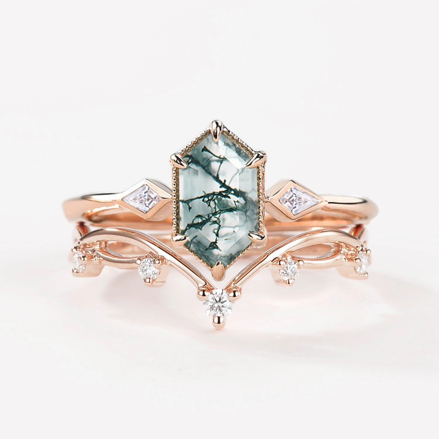 Modern Accessories Bold Form 1.5ct Hexagon Moss Agate Three Stone Kite Ring Set 2PCS