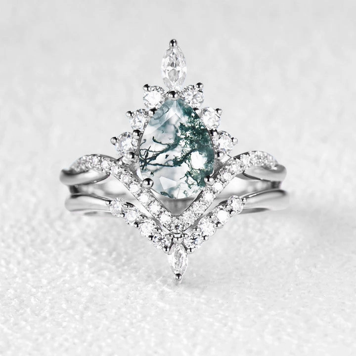 Pear Shaped Moss Agate Infinity Engagement Ring Set 2pcs Refined Craftwork Gleaming Charm