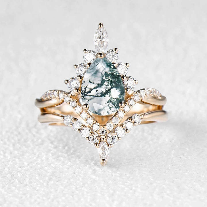 Pear Shaped Moss Agate Infinity Engagement Ring Set 2pcs Alluring Style