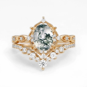 Bold Layering Sleek Mood 1.5ct Signature Moss Agate Vintage Ring Set 2pcs - Charlotte