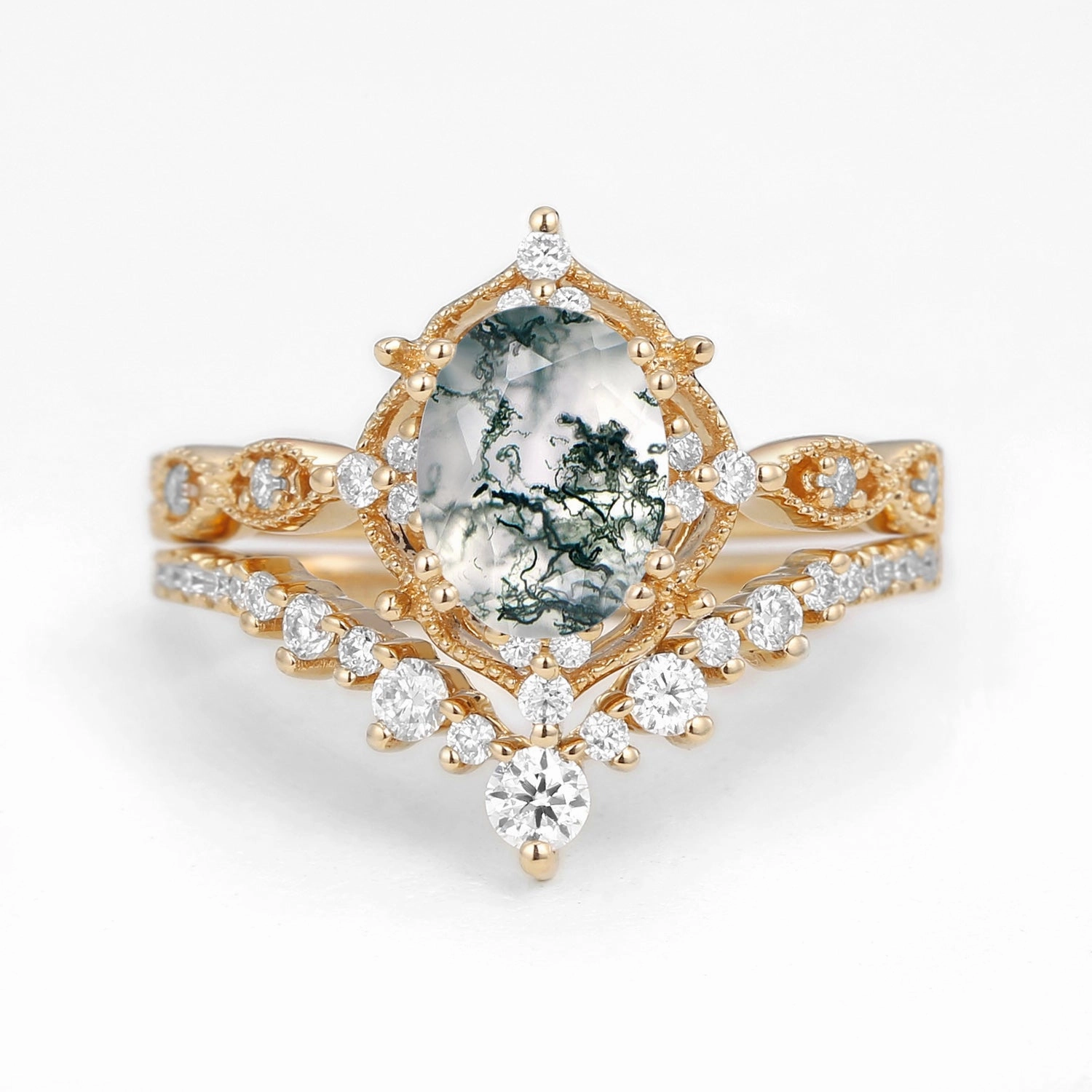 Bold Layering Sleek Mood 1.5ct Signature Moss Agate Vintage Ring Set 2pcs - Charlotte