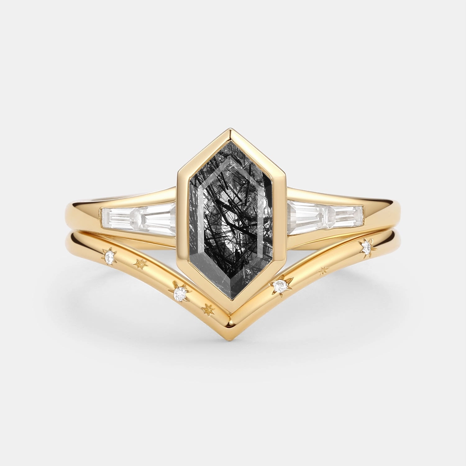Black Rutilated Quartz Engraved Elongated Hexagon Engagement Ring Set 2pcs Natural Detail