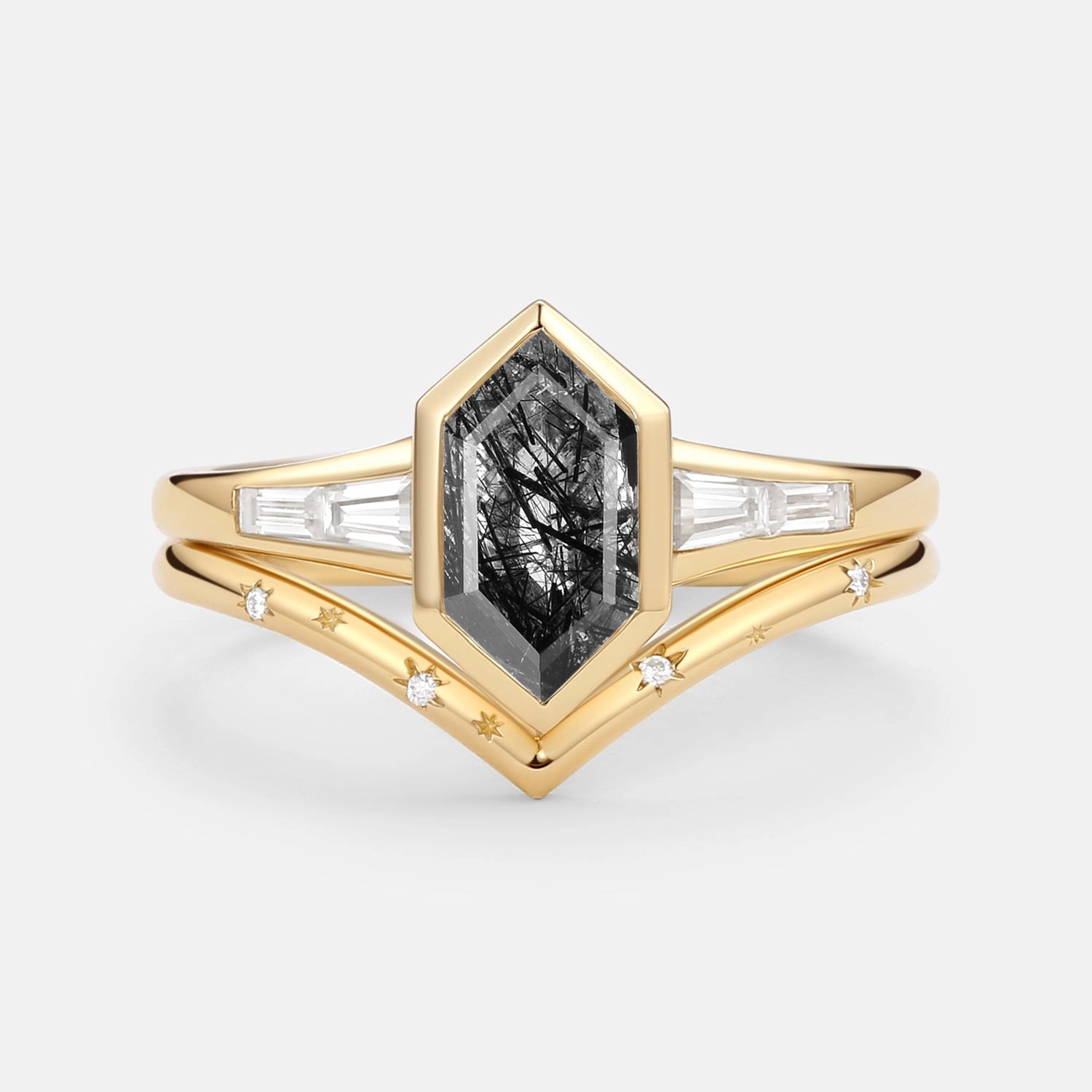 Black Rutilated Quartz Engraved Elongated Hexagon Engagement Ring Set 2pcs Day Look Timeless Style