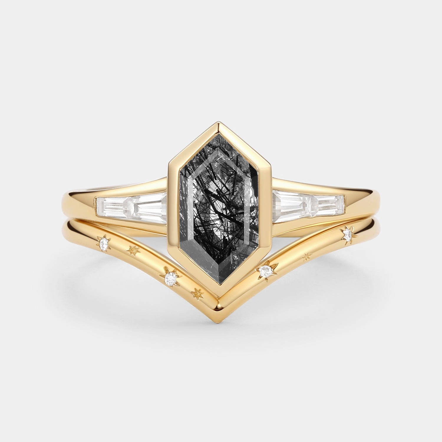 Precious Treasures Black Rutilated Quartz Engraved Elongated Hexagon Engagement Ring Set 2pcs