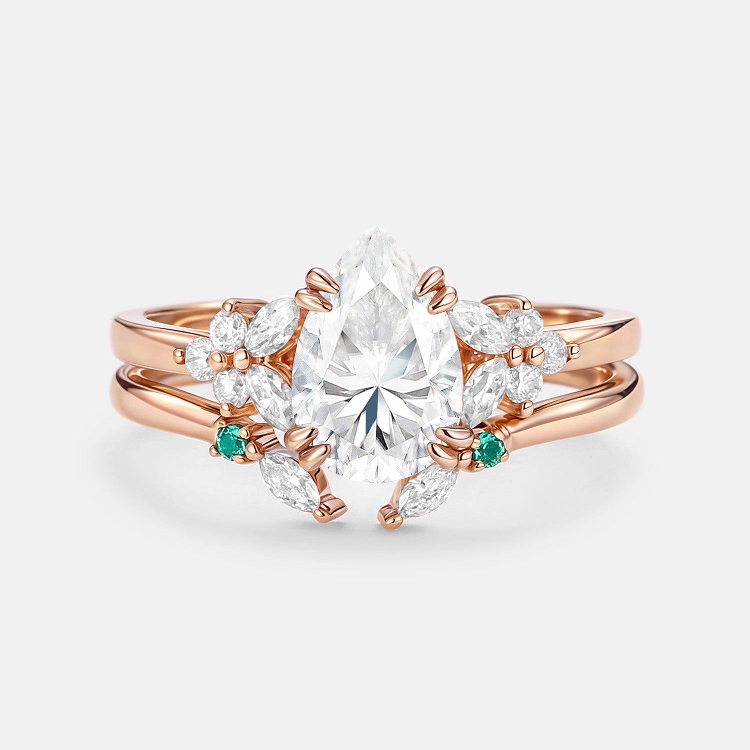 Cluster Pear Shaped Moissanite Chevron Gold Ring Set 2pcs - Anya Contemporary Design