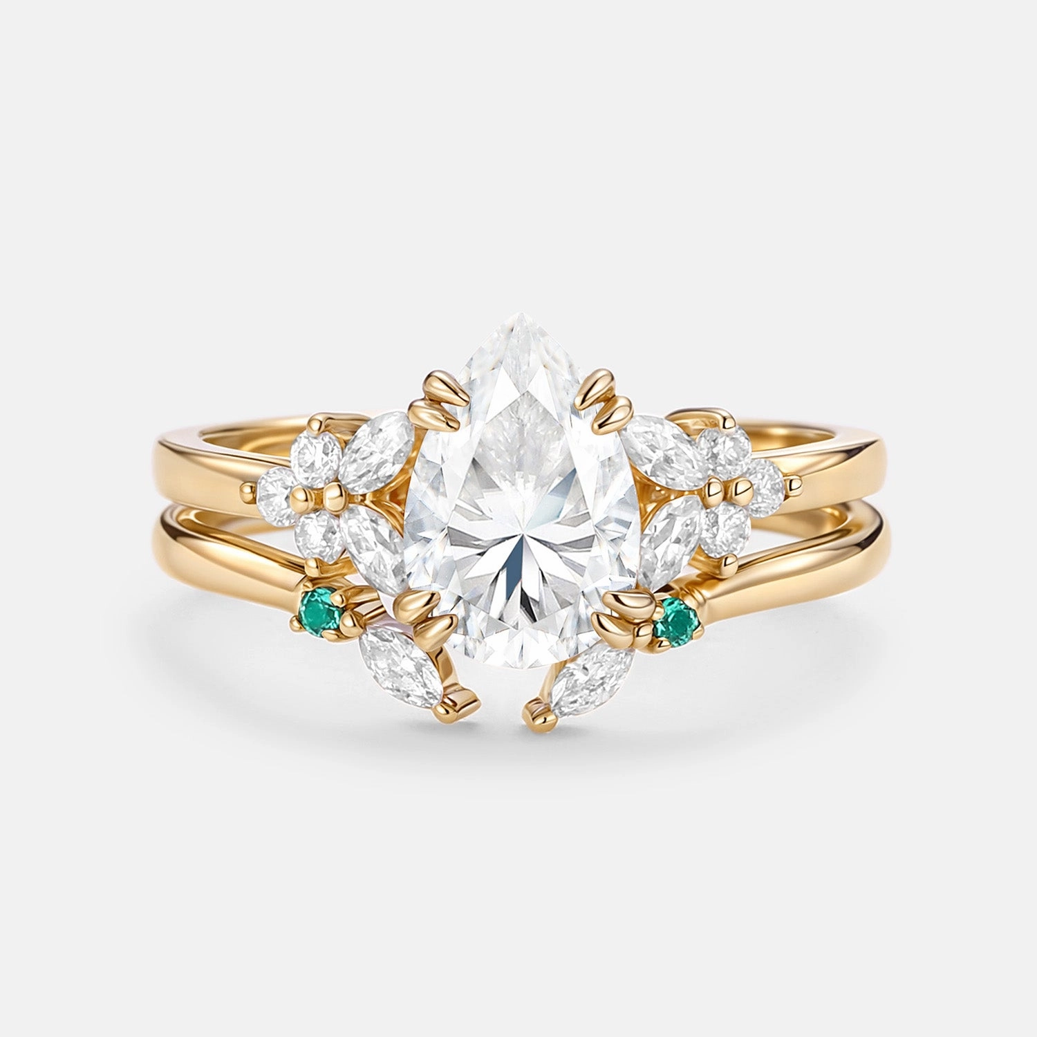 Everyday Set Artistic Accent Cluster Pear Shaped Moissanite Chevron Gold Ring Set 2pcs - Anya
