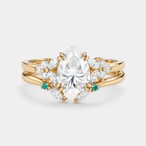 Everyday Set Artistic Accent Cluster Pear Shaped Moissanite Chevron Gold Ring Set 2pcs - Anya