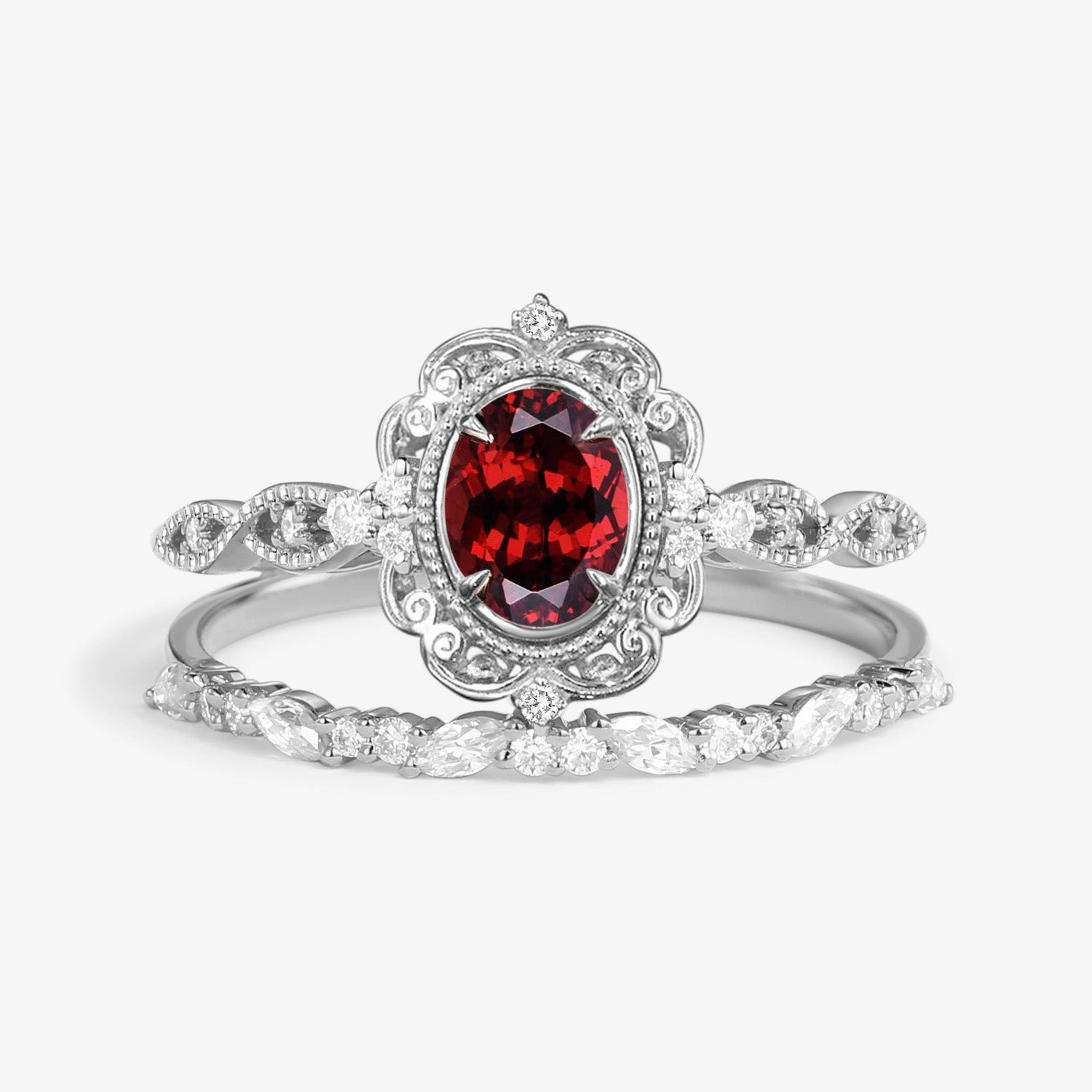 Victorian Vintage Oval Garnet Engagement Ring Set 2pcs Artful Design Fine Accent