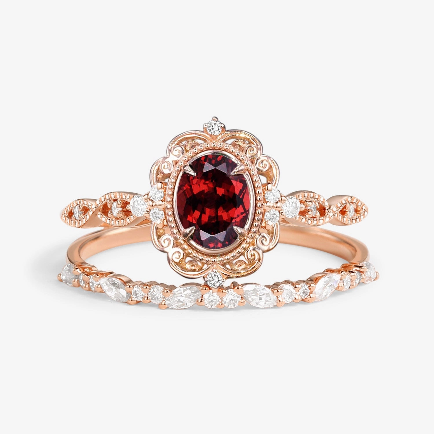 Victorian Vintage Oval Garnet Engagement Ring Set 2pcs Dainty Accent