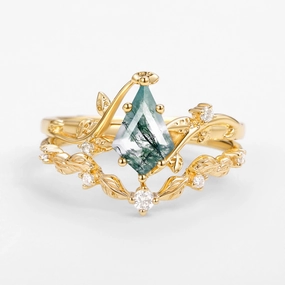 Dainty Accessory Radiant Design Vine Leafy Kite Cut Moss Agate Engagement Ring Sets 2pcs - Ashley