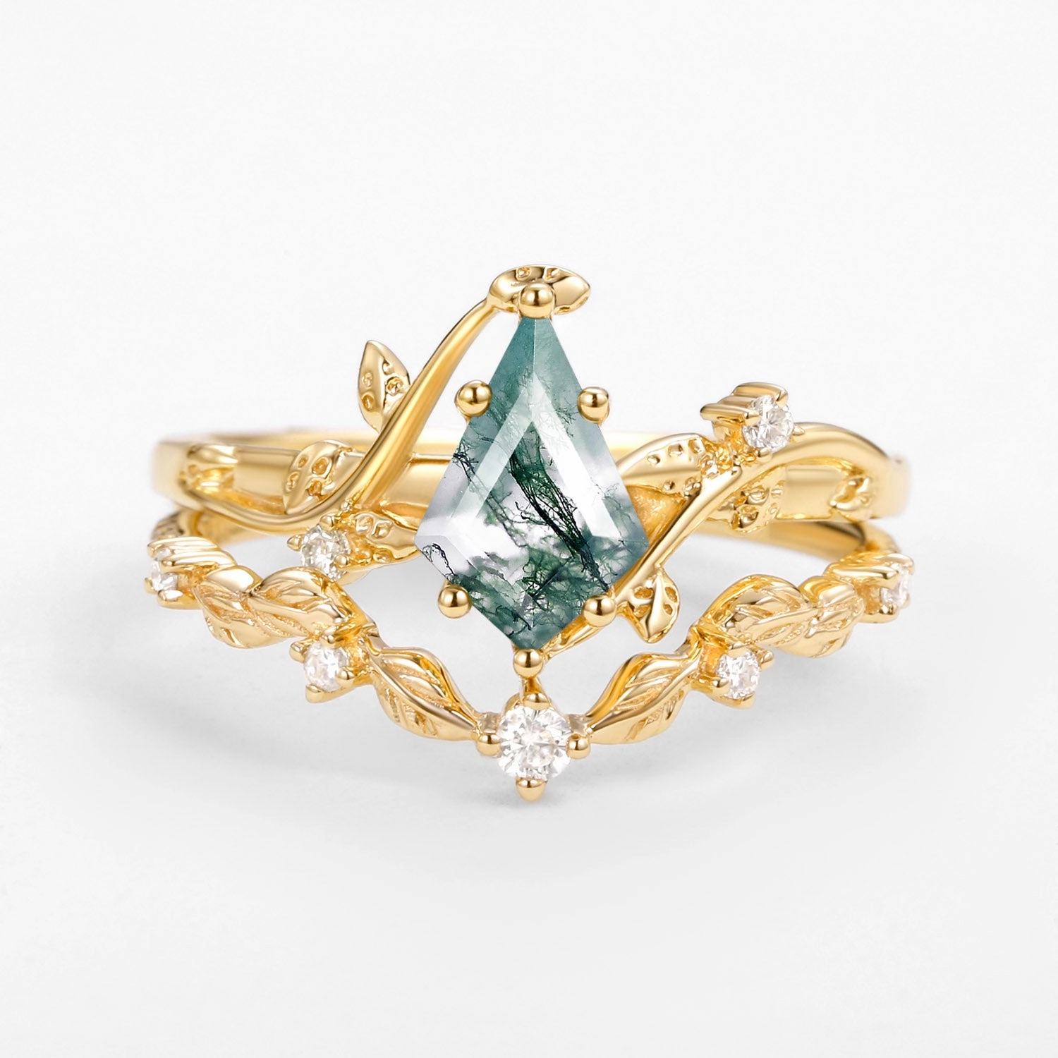 Dainty Accessory Radiant Design Vine Leafy Kite Cut Moss Agate Engagement Ring Sets 2pcs - Ashley