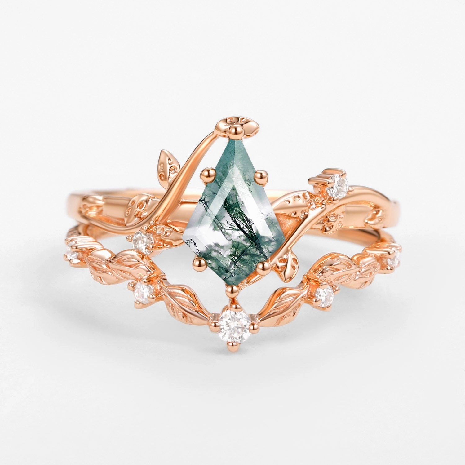 Flawless Touch Essential Pair Vine Leafy Kite Cut Moss Agate Engagement Ring Sets 2pcs - Ashley