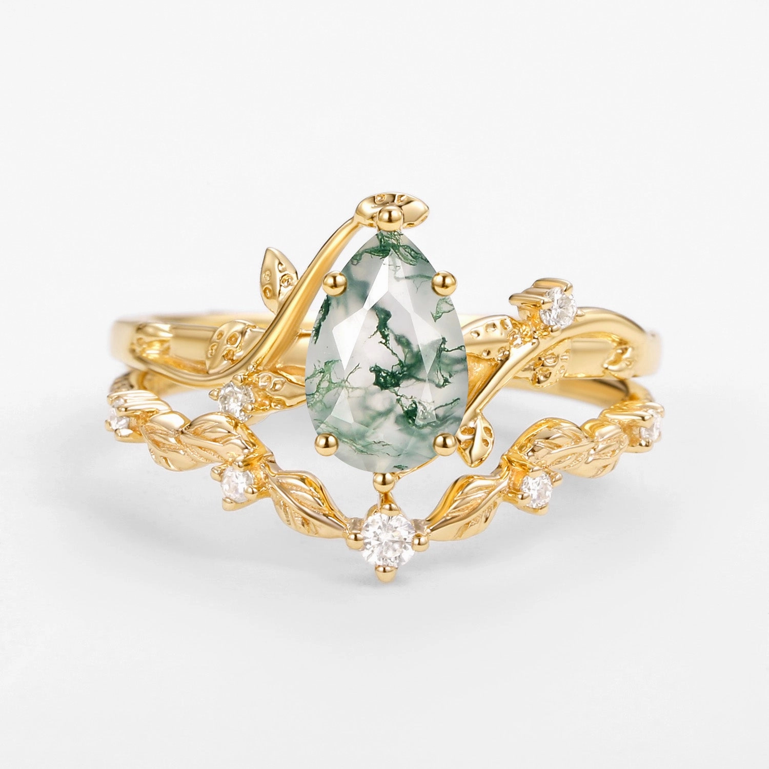 Elegant Piece Vine Leafy Pear Cut Moss Agate Engagement Ring Sets 2pcs - Ashley