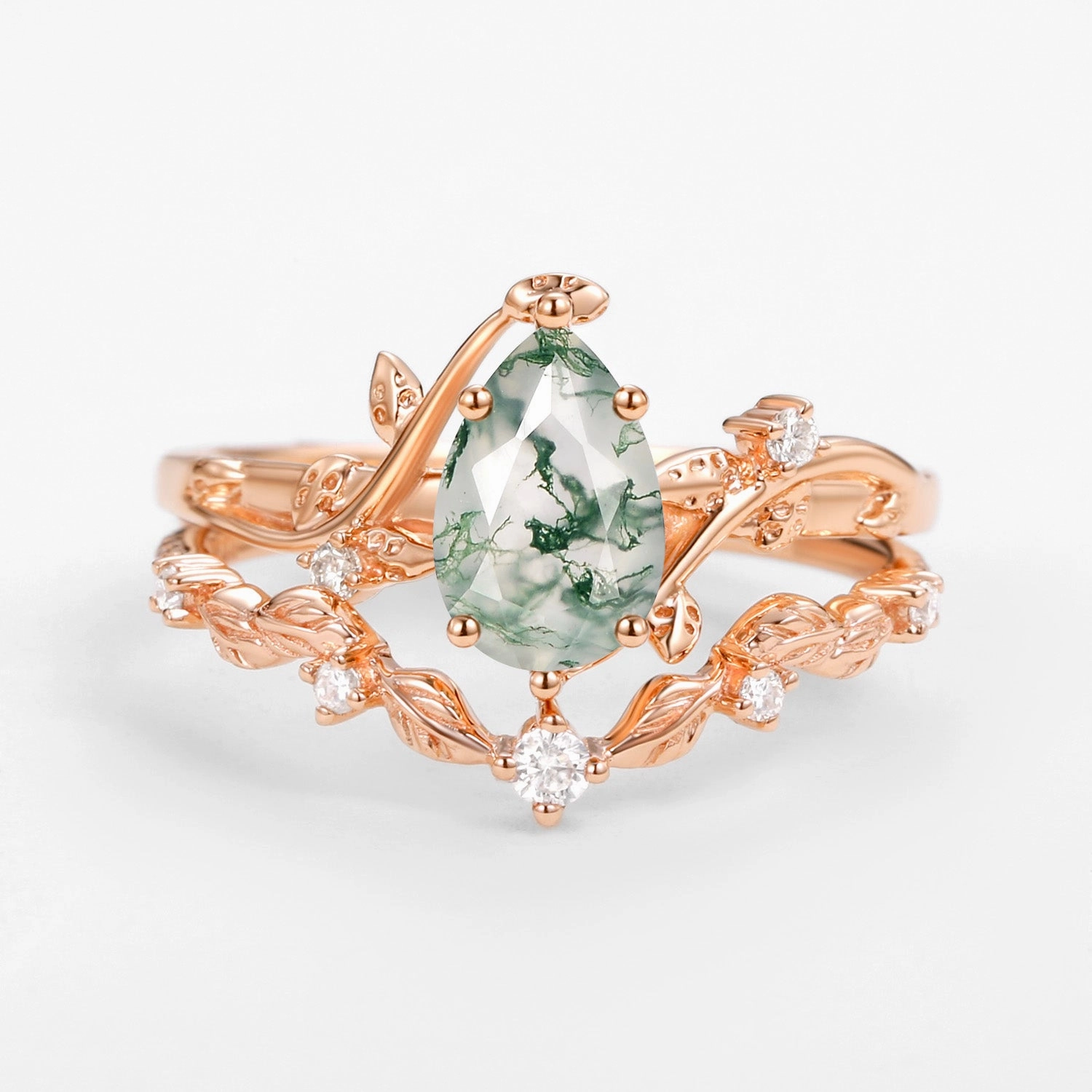 Vine Leafy Pear Cut Moss Agate Engagement Ring Sets 2pcs - Ashley Signature Detail