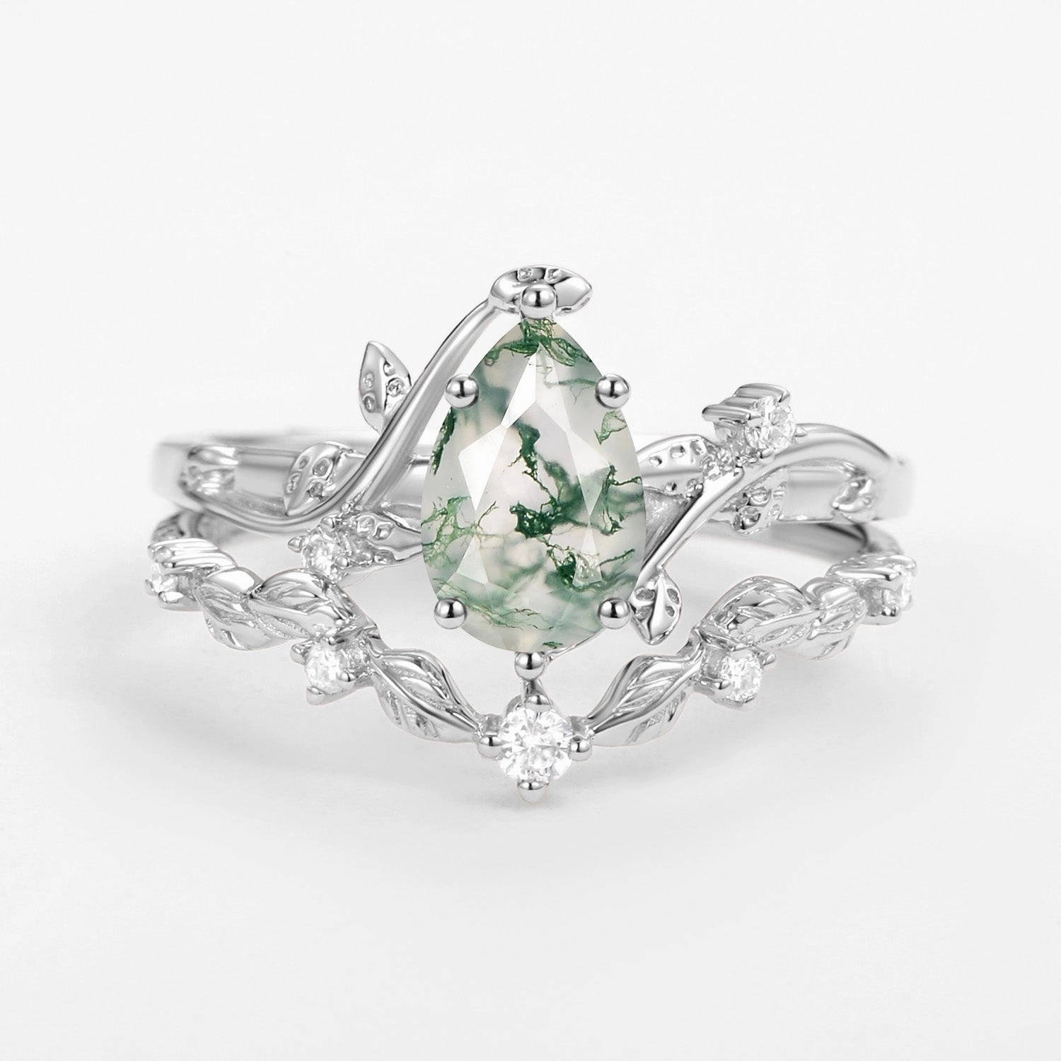 Retro Inspired Vine Leafy Pear Cut Moss Agate Engagement Ring Sets 2pcs - Ashley
