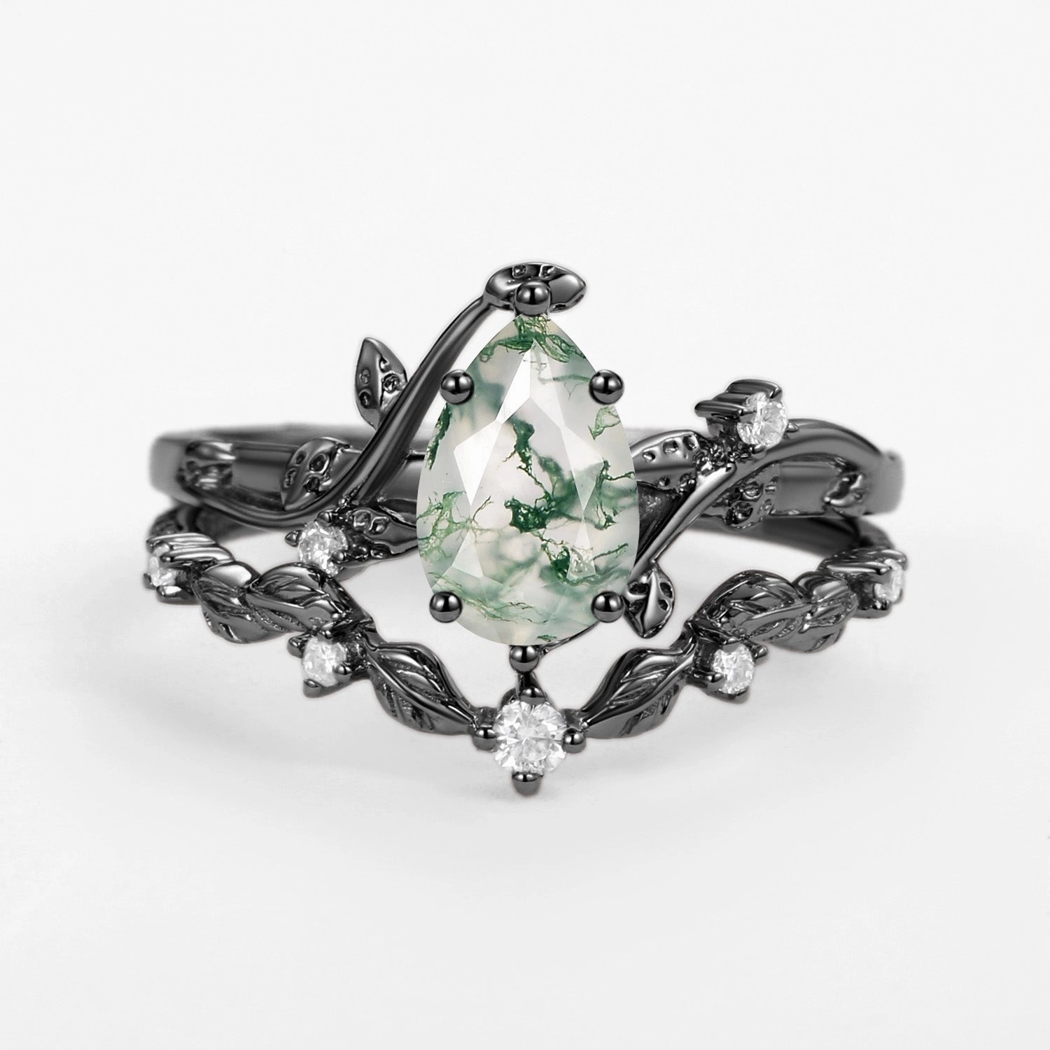 Formal Accent Vine Leafy Pear Cut Moss Agate Engagement Ring Sets 2pcs - Ashley