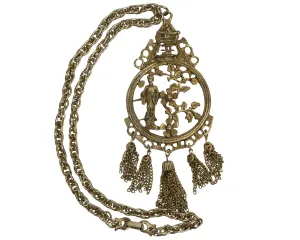 Vintage 1960s Pendant Necklace Chinoiserie Brass Figural on Chain