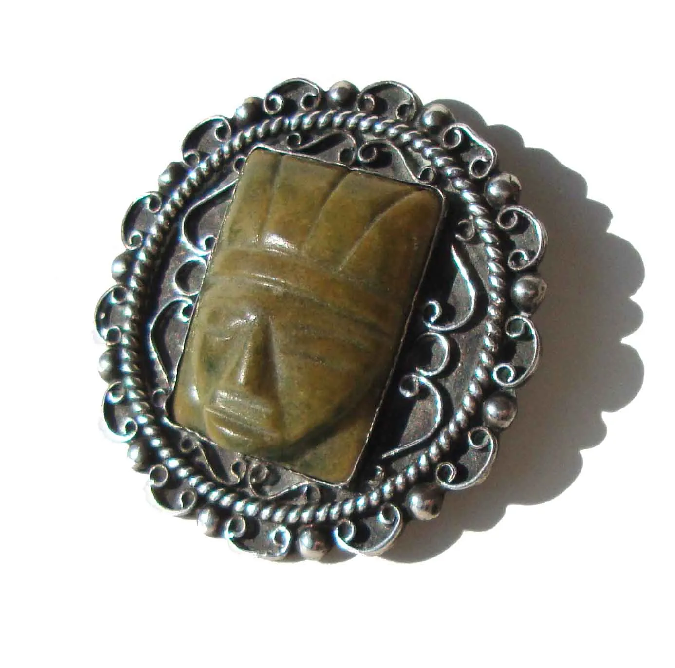 Vintage 40s Taxco 980 Silver Brooch Faux Jade Pin