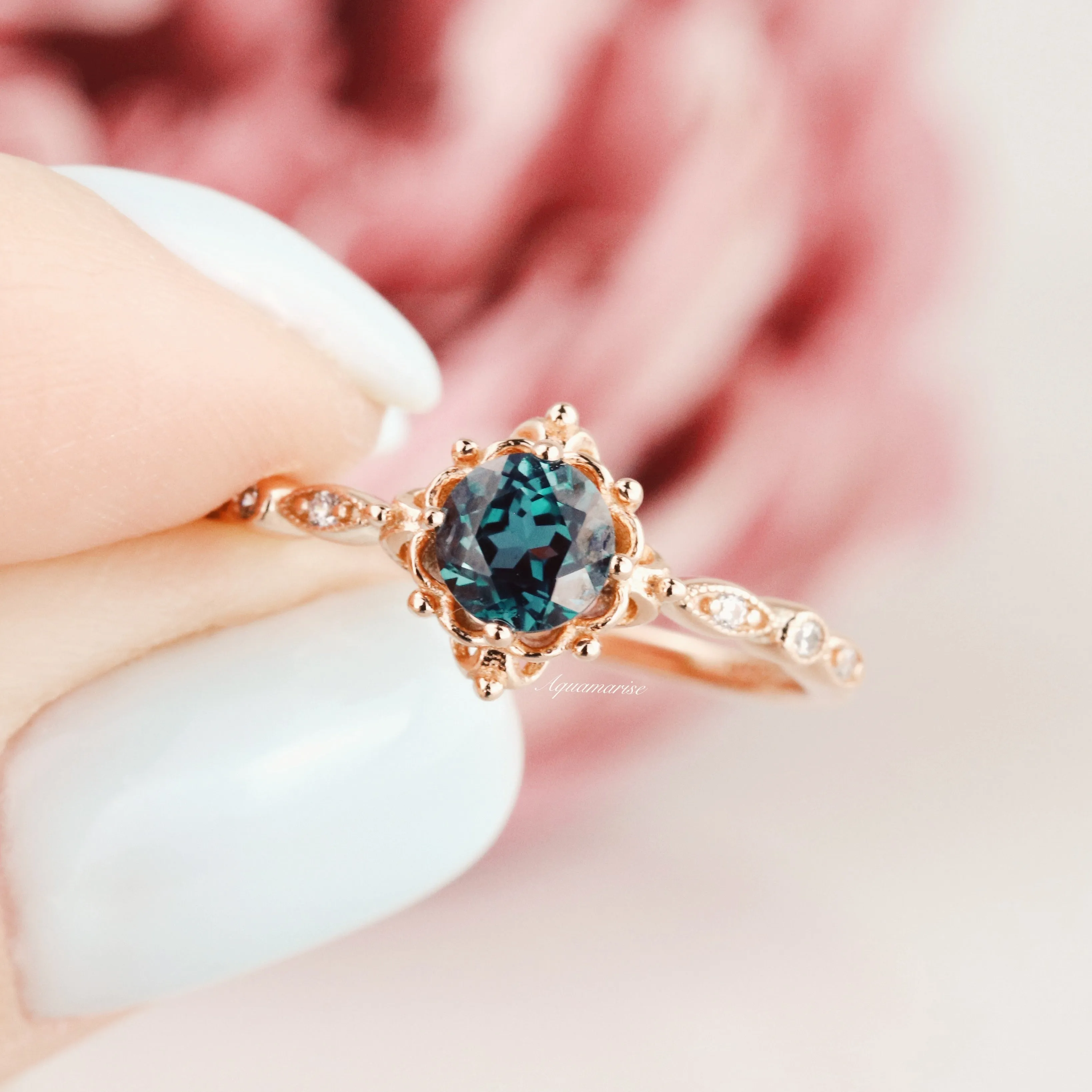 Vintage Alexandrite Fairytale Ring- 14K Rose Gold Vermeil