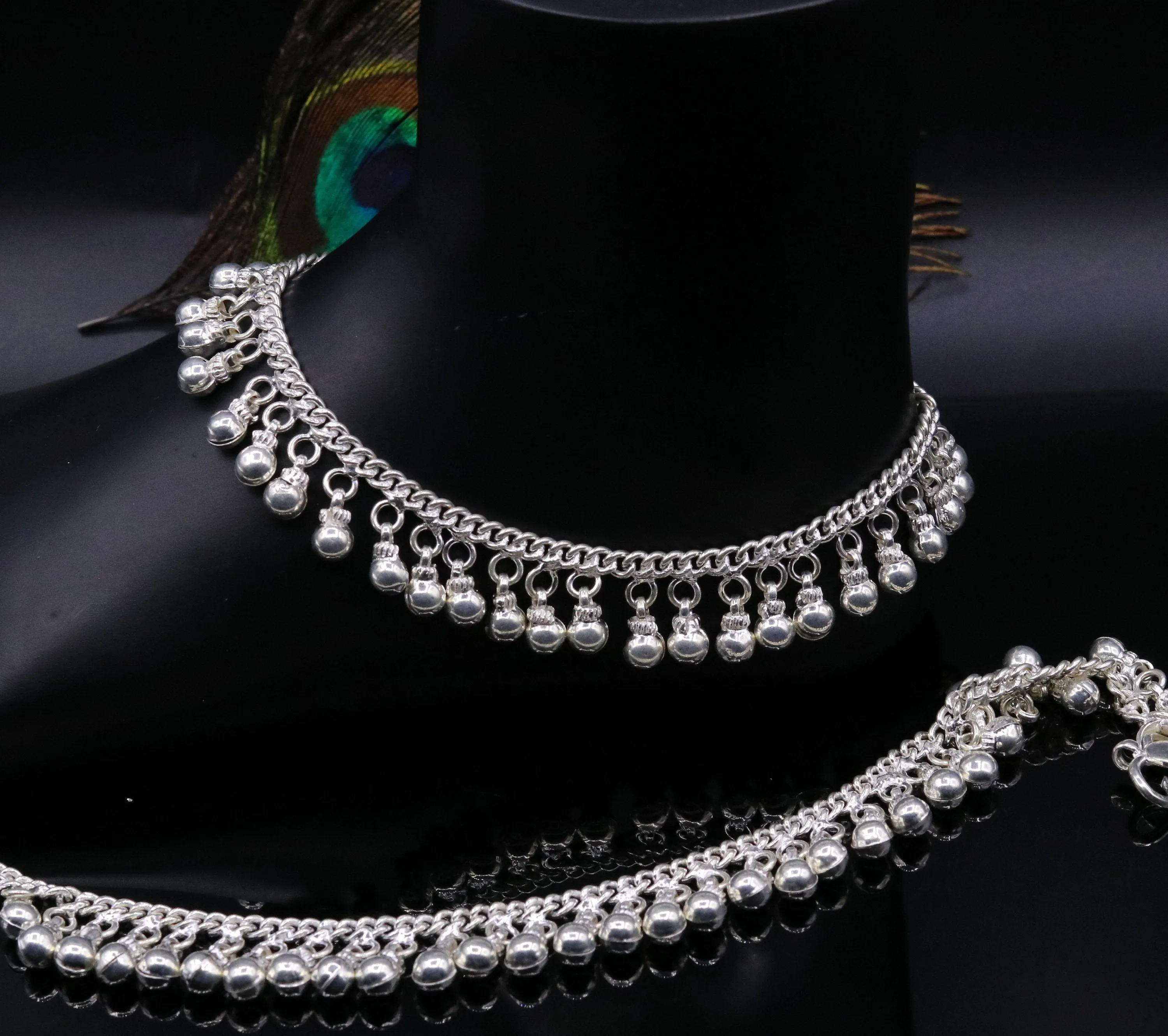 Vintage  antique style sterling silver handmade solid chain ankle bracelet with amazing noisy jingle bells belly genuine jewelry ank12