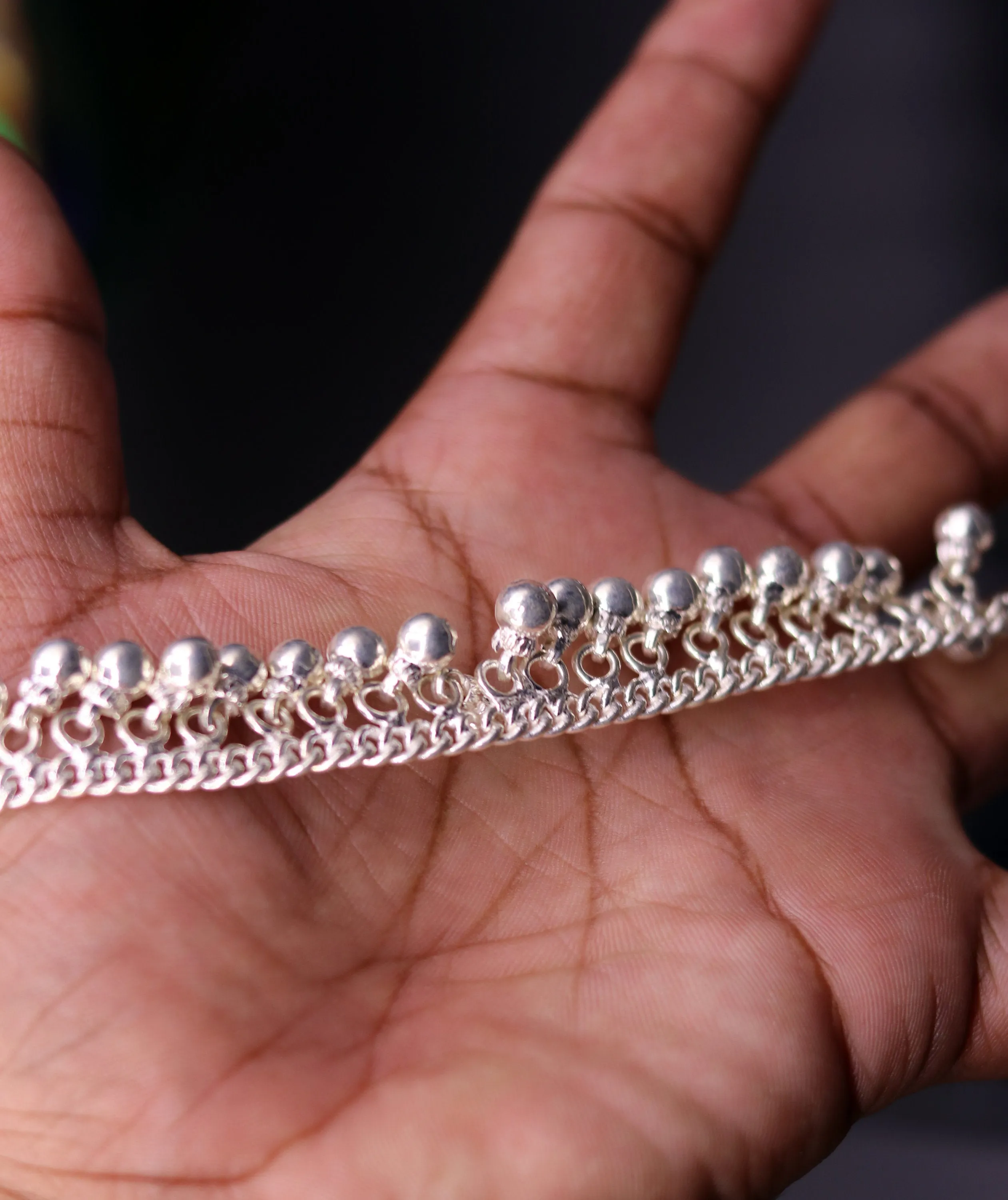Vintage  antique style sterling silver handmade solid chain ankle bracelet with amazing noisy jingle bells belly genuine jewelry ank12