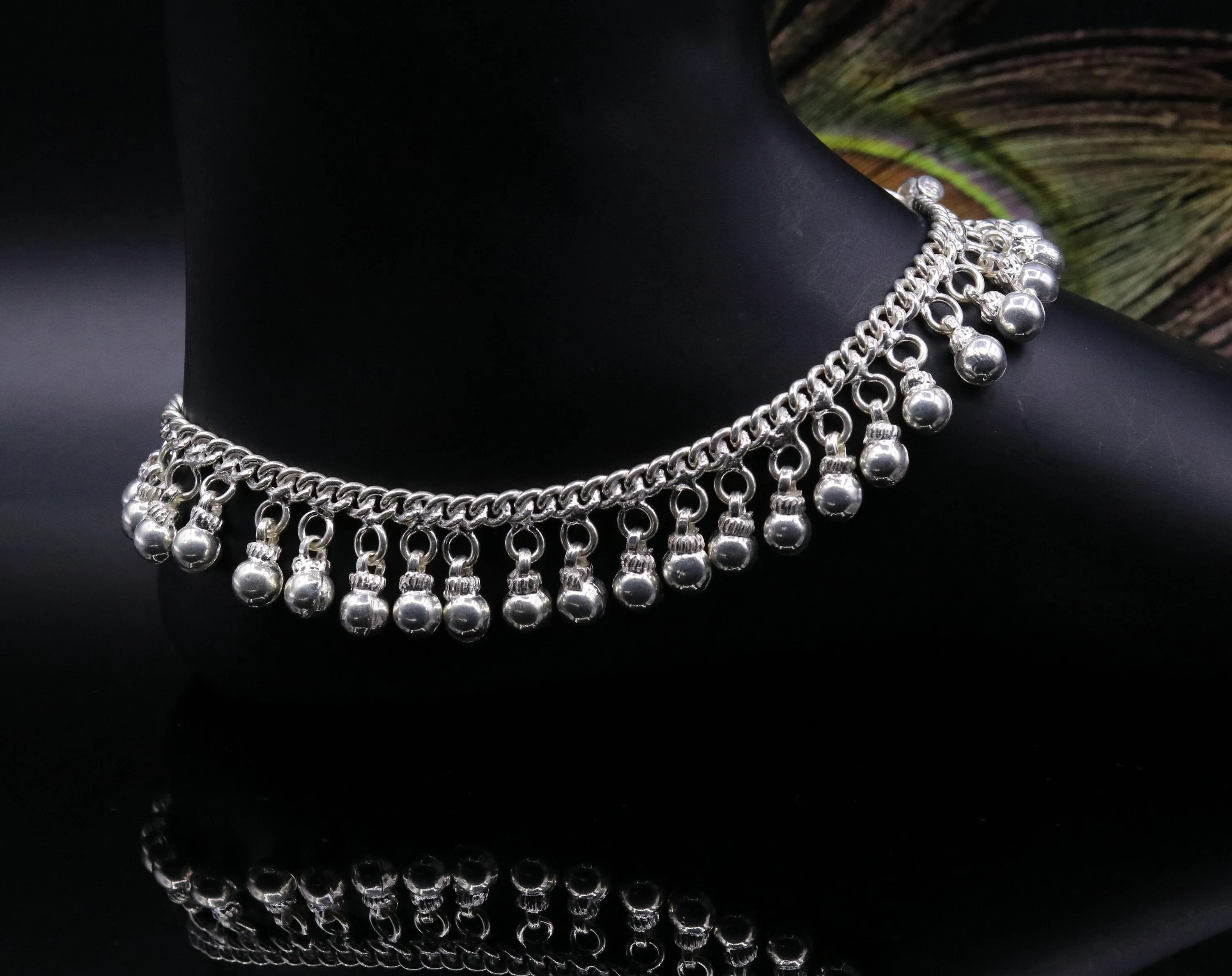 Vintage  antique style sterling silver handmade solid chain ankle bracelet with amazing noisy jingle bells belly genuine jewelry ank12