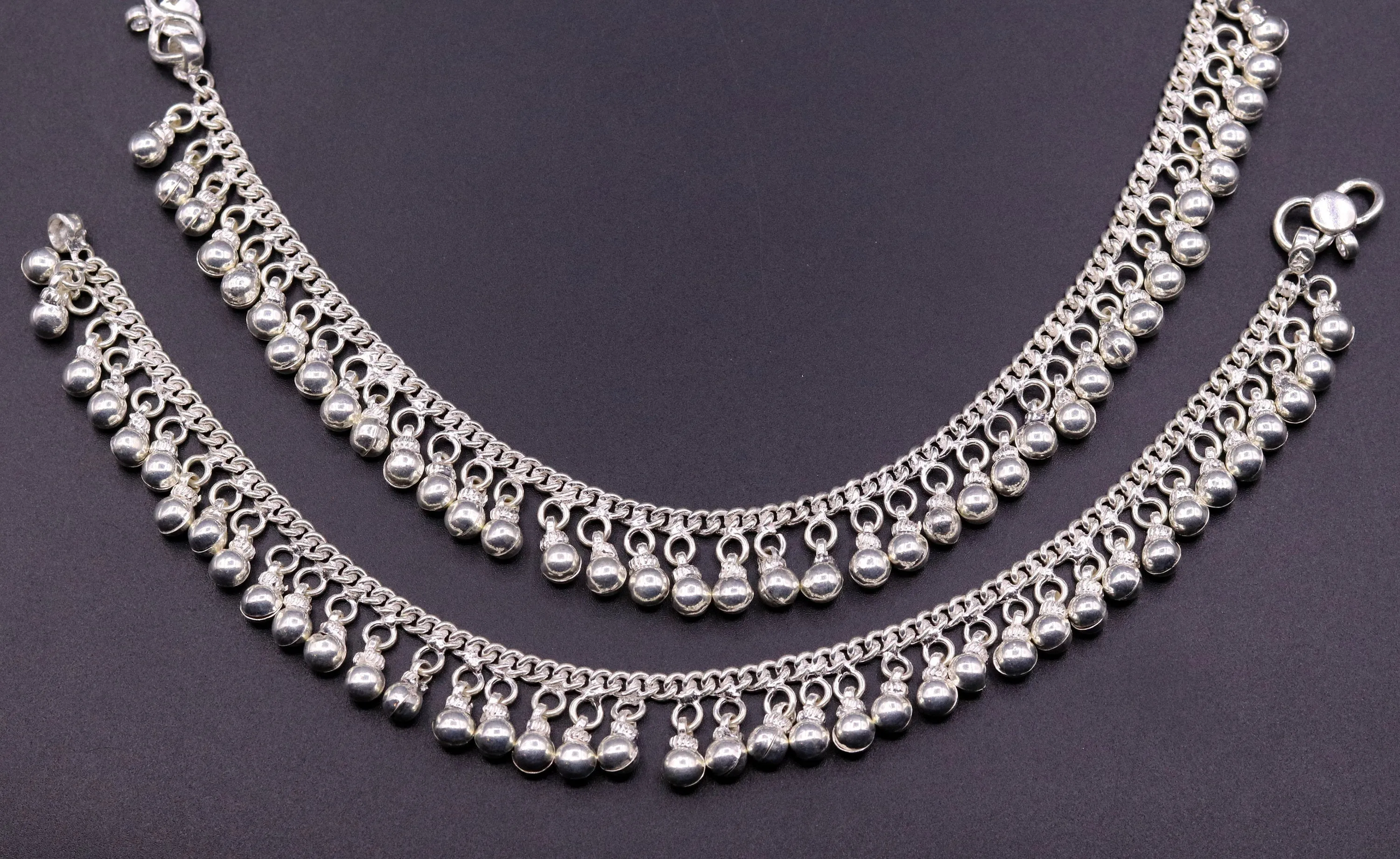 Vintage  antique style sterling silver handmade solid chain ankle bracelet with amazing noisy jingle bells belly genuine jewelry ank12